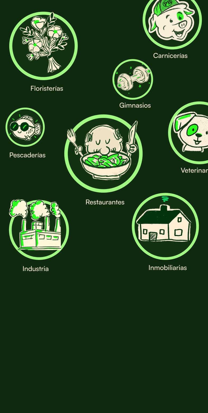 Ilustraciones de categorías de comercios: floristerías, carnicerías, restaurantes y más